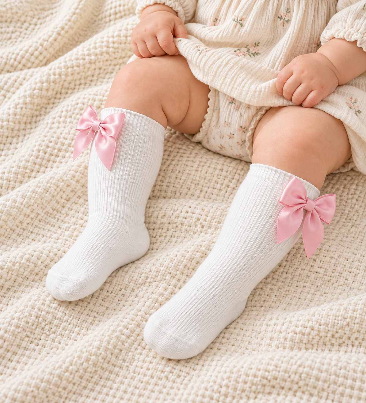 Baby girl wearing white knee-high socks with pink satin bows
