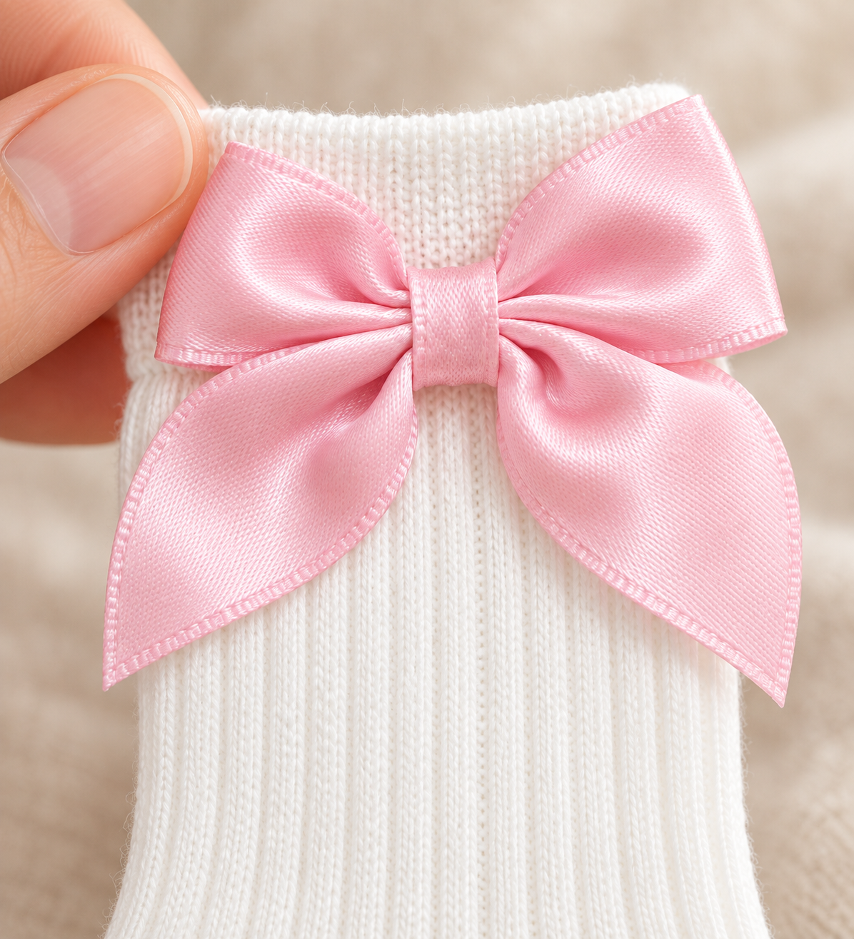 Macro view of pink satin bow attachment and white ribbed knee-high baby sock cuff