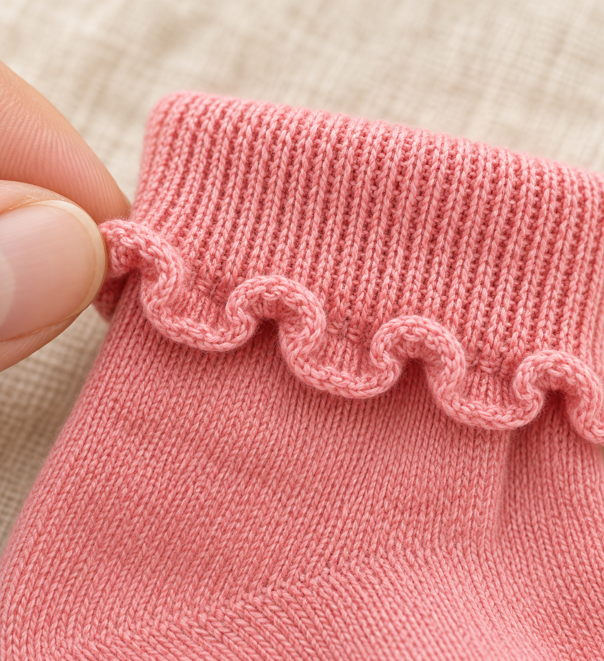 Macro view of coral cotton rib cuff with wavy knitted edge