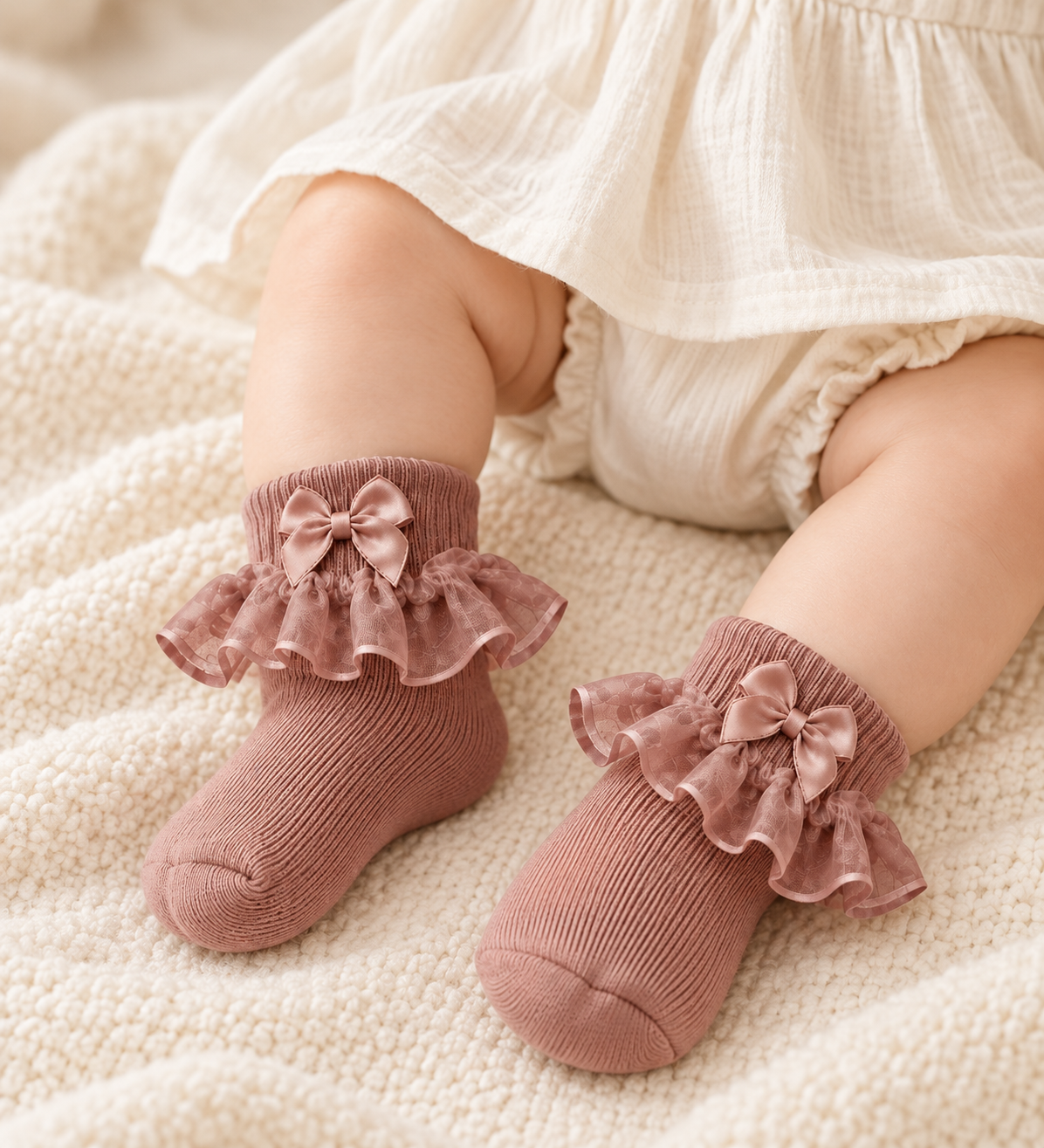 Baby wearing dusty rose ribbed socks with satin bows and single-layer sheer ruffles
