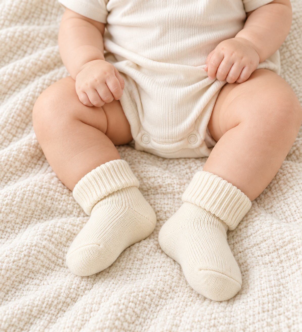 Baby wearing cream wool fold-over cuff socks