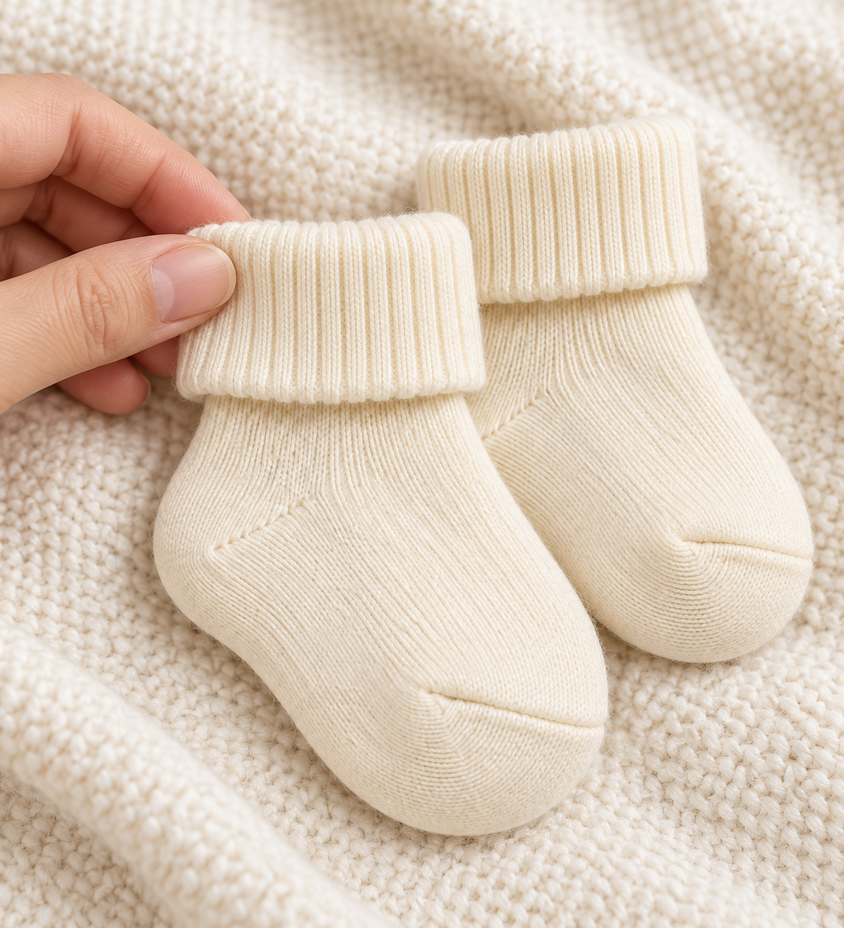 Hand gently pinching the ribbed fold-over cuff of cream wool baby socks