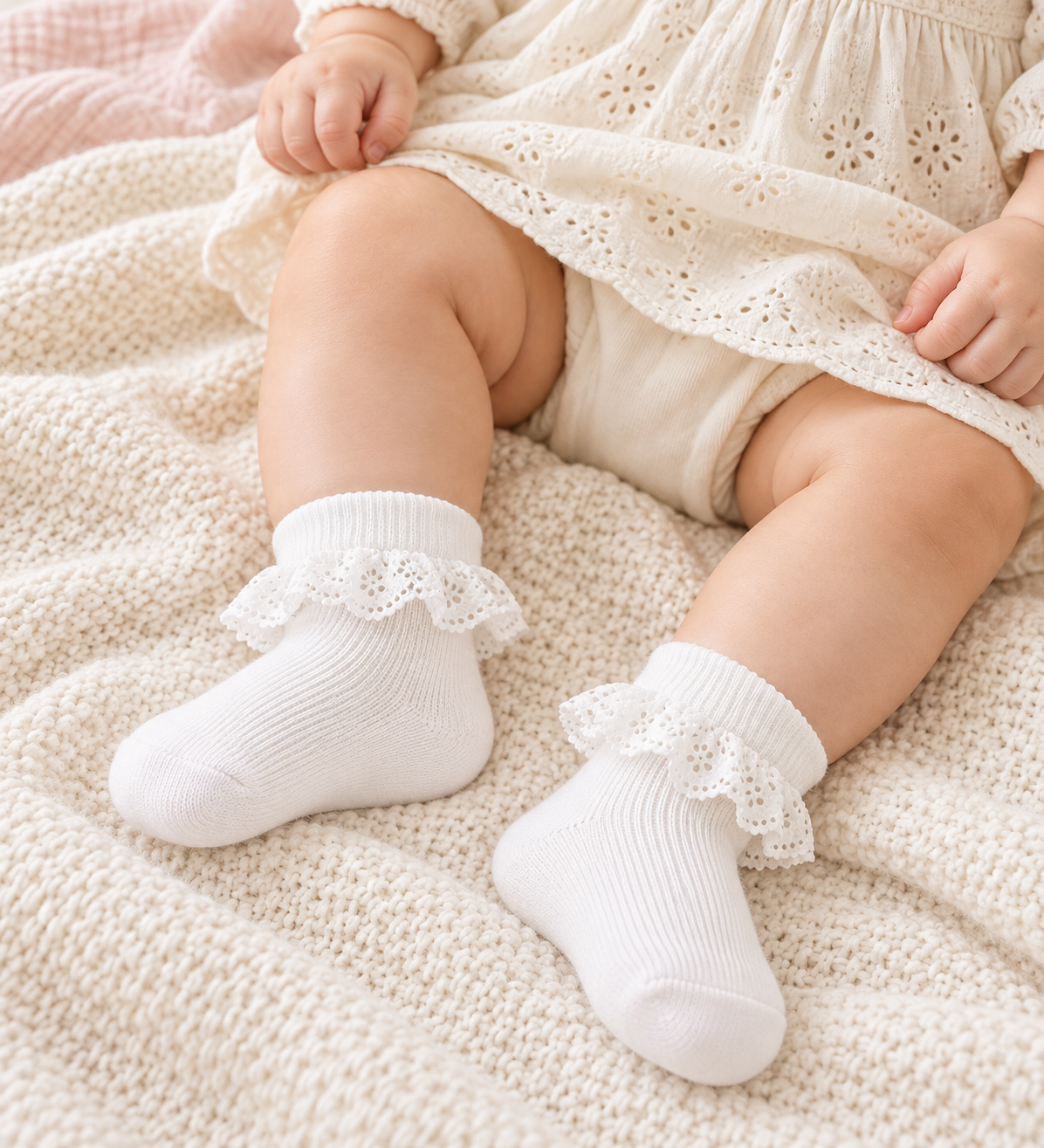 Baby girl wearing white cotton ankle socks with delicate eyelet lace trim
