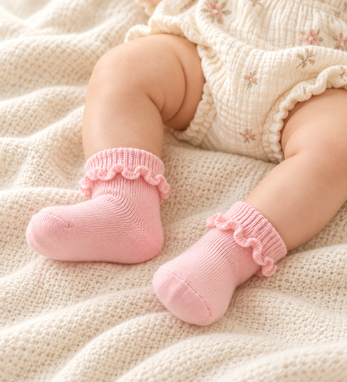 Baby girl wearing pink cotton ankle socks with folded rib cuffs and knitted ruffle edging