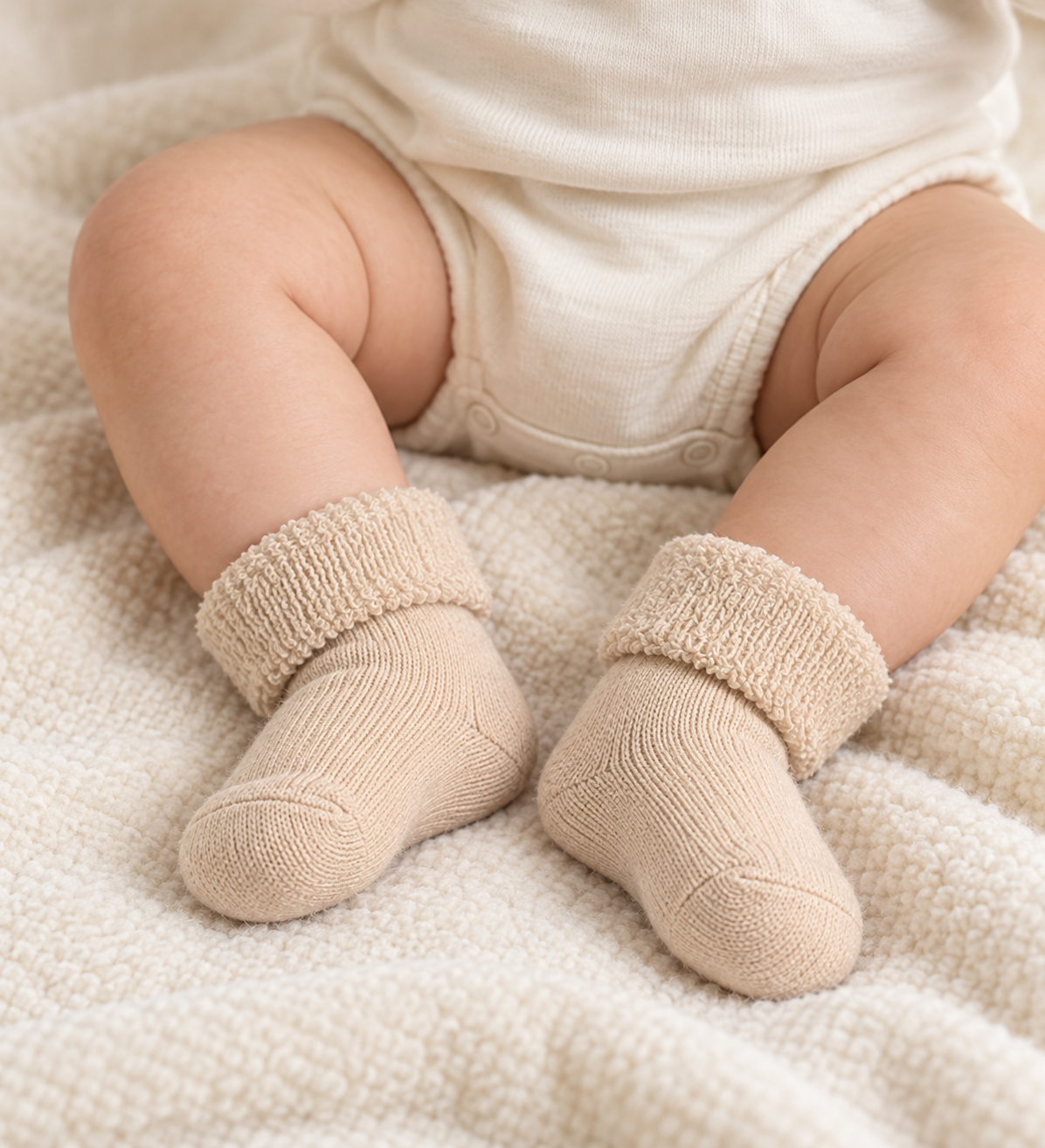 A seated baby wearing khaki terry cuff ankle socks