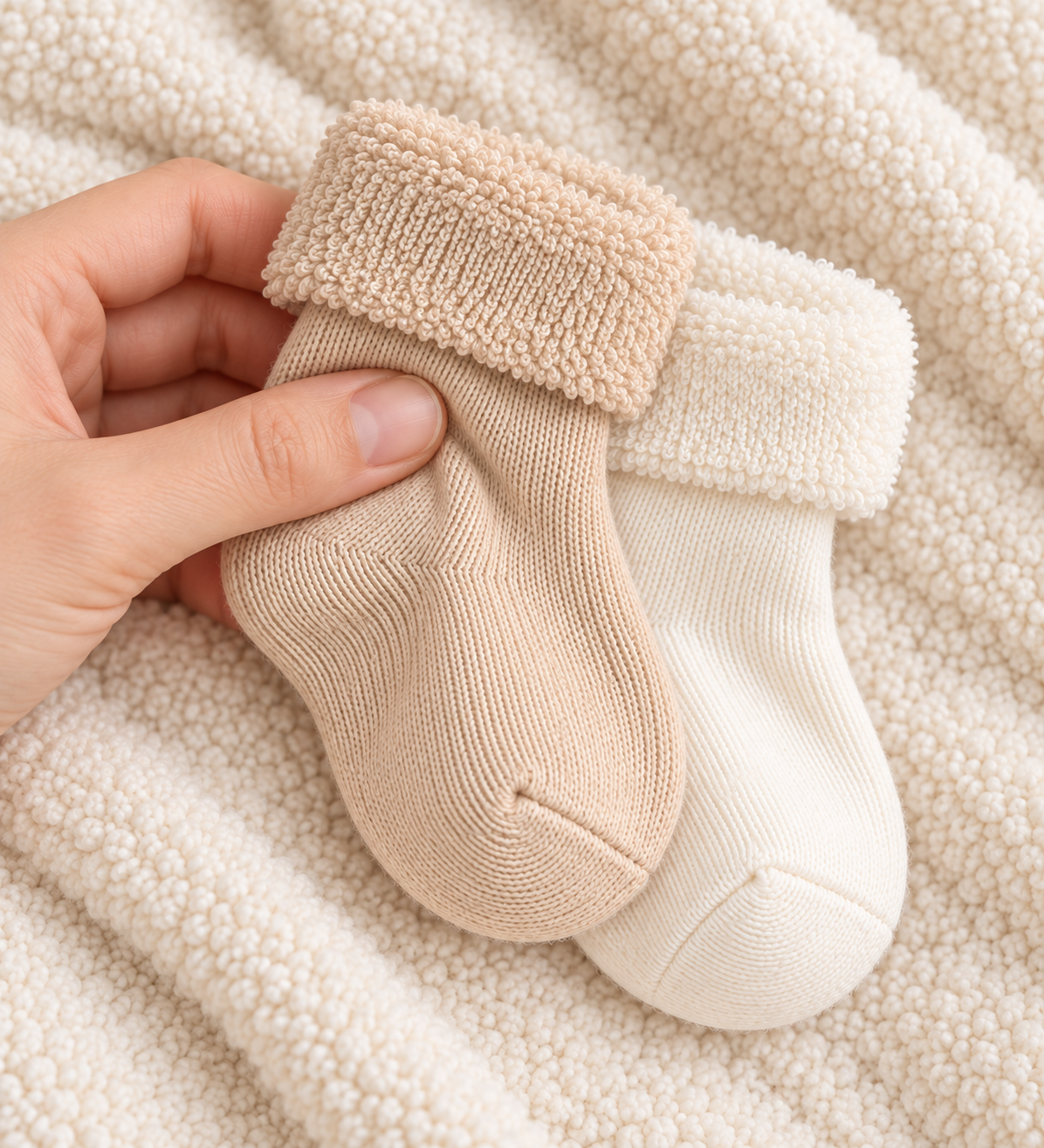 A hand gently pinching layered khaki and ivory baby terry cuff socks